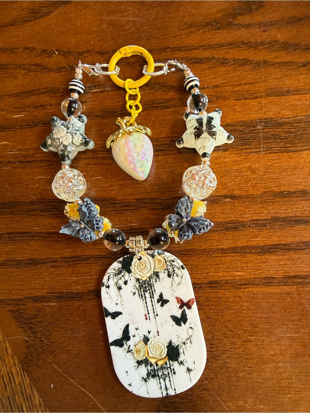 Handcrafted Black & White Floral Butterfly Pendant Keychain with Yellow Accent